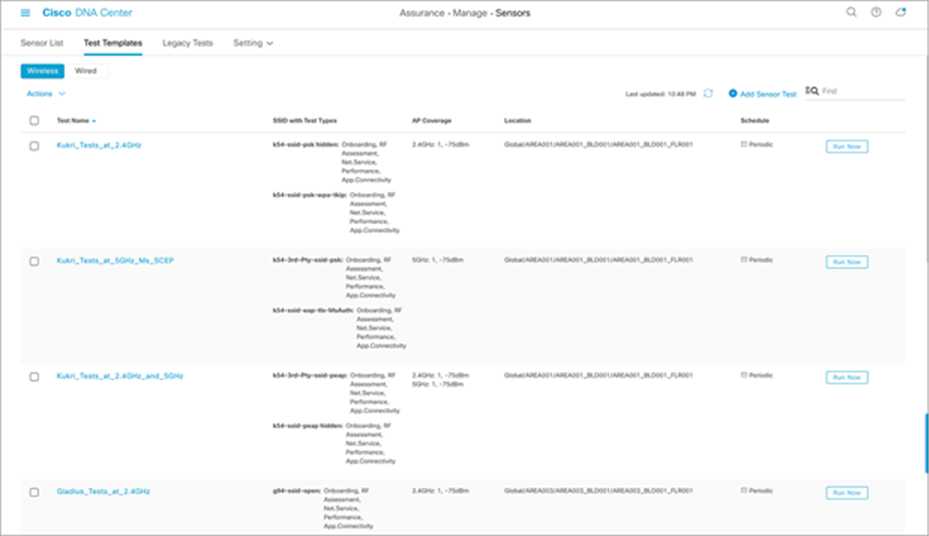 Set Up Sensor Test page