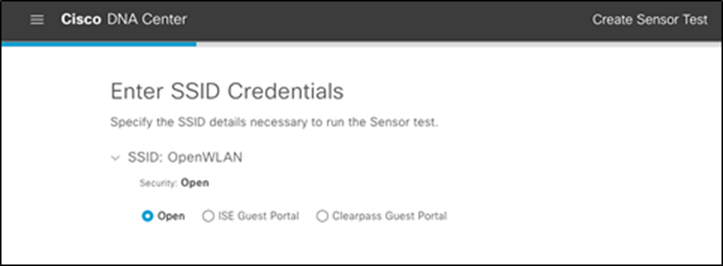 Options provided when creating a new SSID during sensor test creation