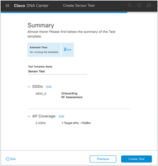 Summary page to review the sensor tests configured