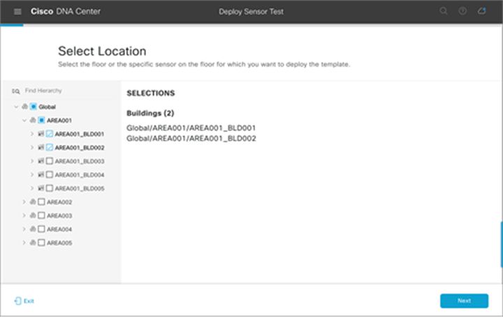 Selecting buildings or areas when deploying test templates