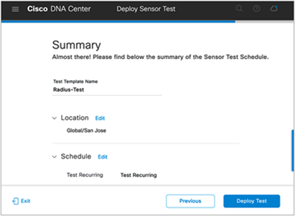 Summary page for scheduling a sensor test