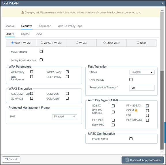 Legacy-friendly Fast Transition 2.4/5-GHz profile 1, Security tab