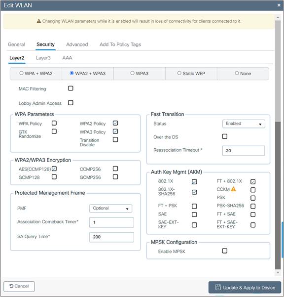 Transition mode – Fast Transition, Security tab