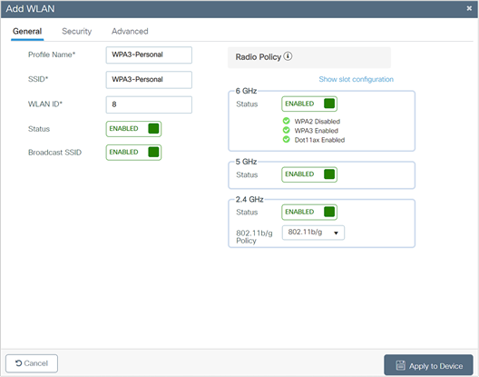 WPA3 Personal Radio/Slot configuration