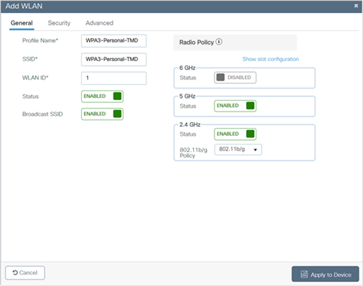 Radio/Slot configuration for Transition disable mode