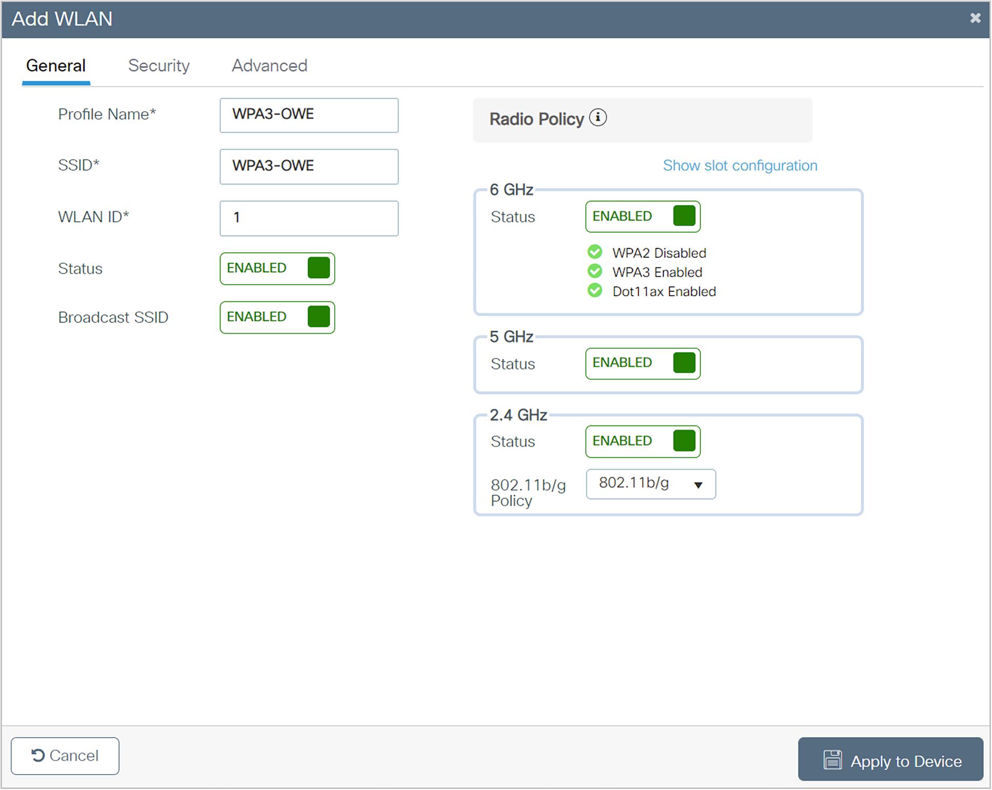 WPA3 OWE Radio/Slot configuration
