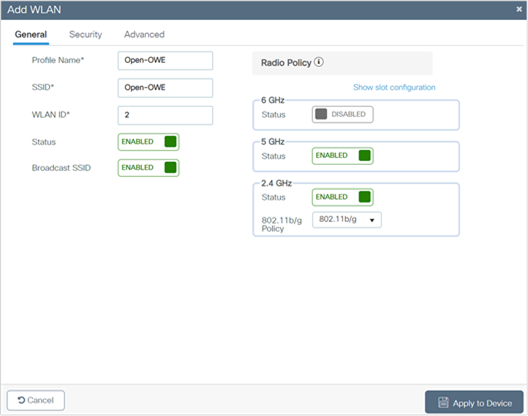 WLAN Open Security configuration