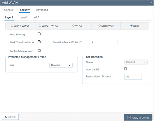 WLAN Open Security configuration