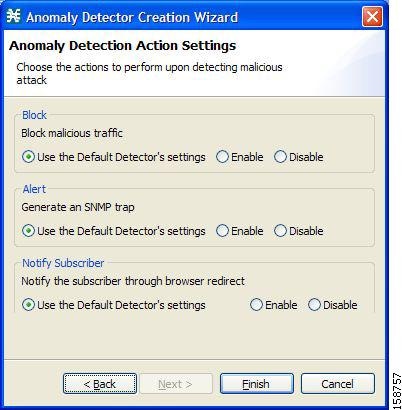 Anomaly Detection Action Settings screen of the Anomaly Detector Creation Wizard