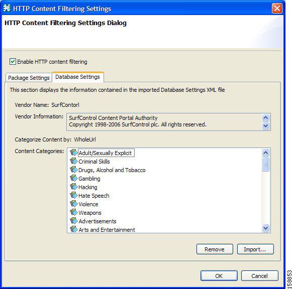 Database Settings tab of the HTTP Content Filtering Settings dialog box
