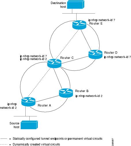 The figure illustrates two logical NBMA networks configured over a single physical NBMA network. 