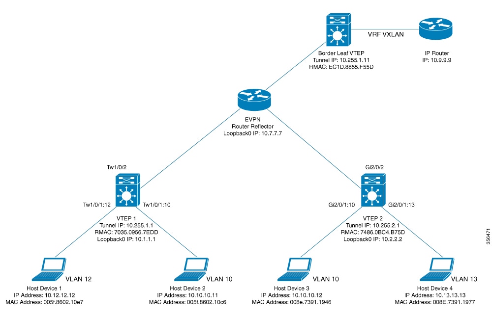 BGP EVPN VXLAN topology with BUM and Unicast forwarding