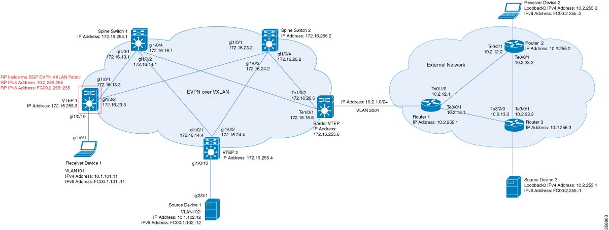 Topology to show TRM configuration with PIM-SM when RP is inside the BGP EVPN VXLAN Fabric