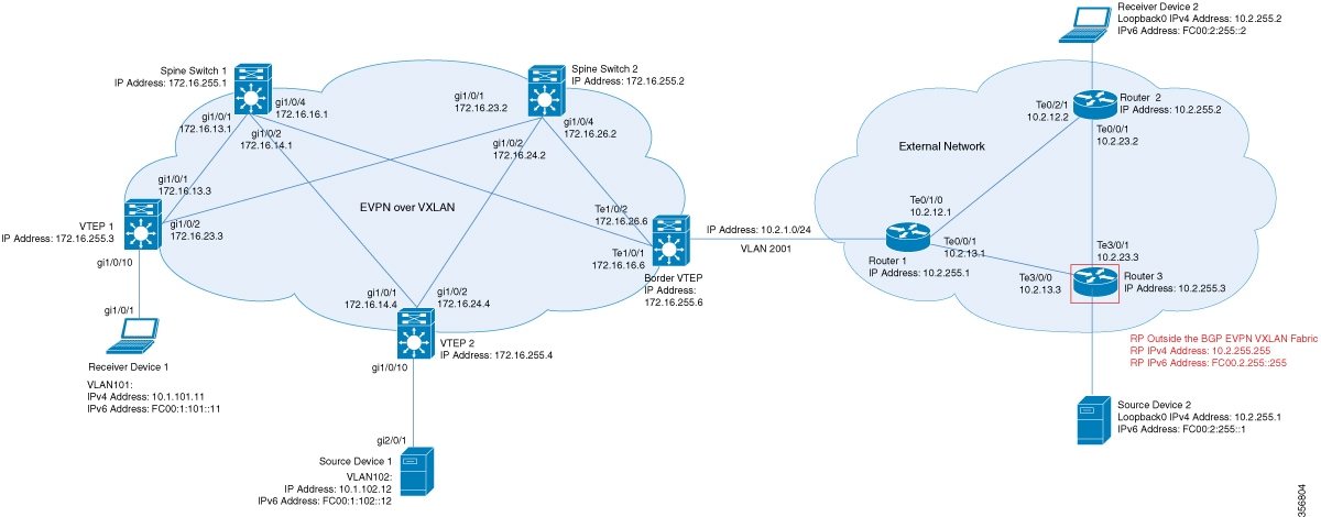 Topology to configure TRM with PIM-SM when the RP is located outside the fabric.