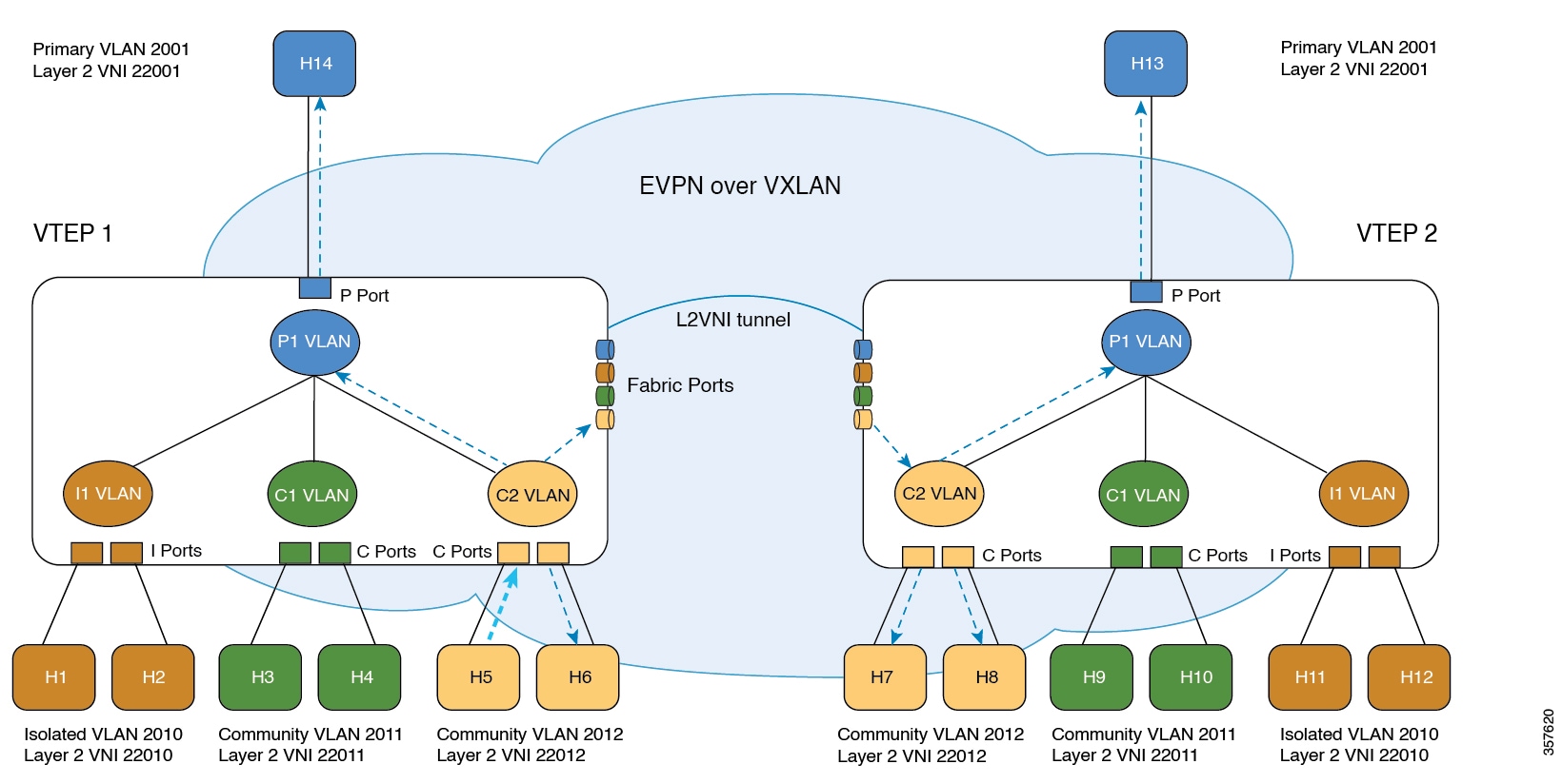 Topology to show the BUM trafficforwarding from a community port