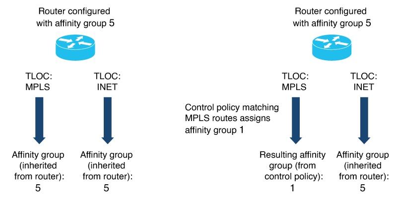 Illustration showing how control policy can match specific routes and assign them an affinity group value.