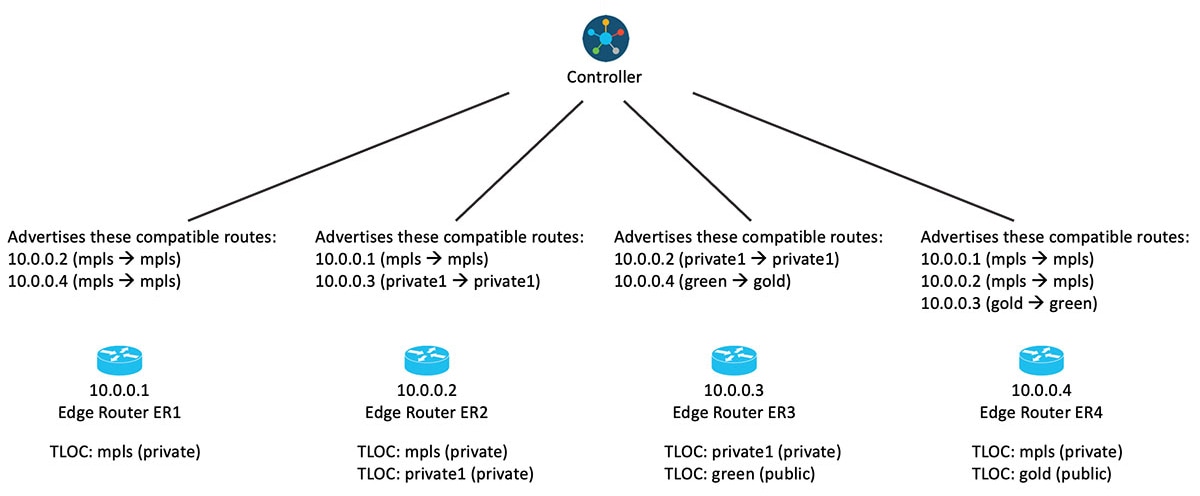 TLOC カラーによるルートフィルタリングを示す図。