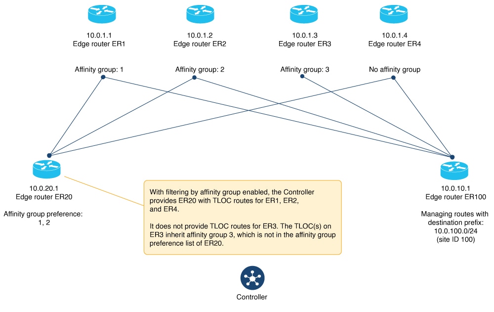 Illustration showing TLOC route filtering by affinity group.