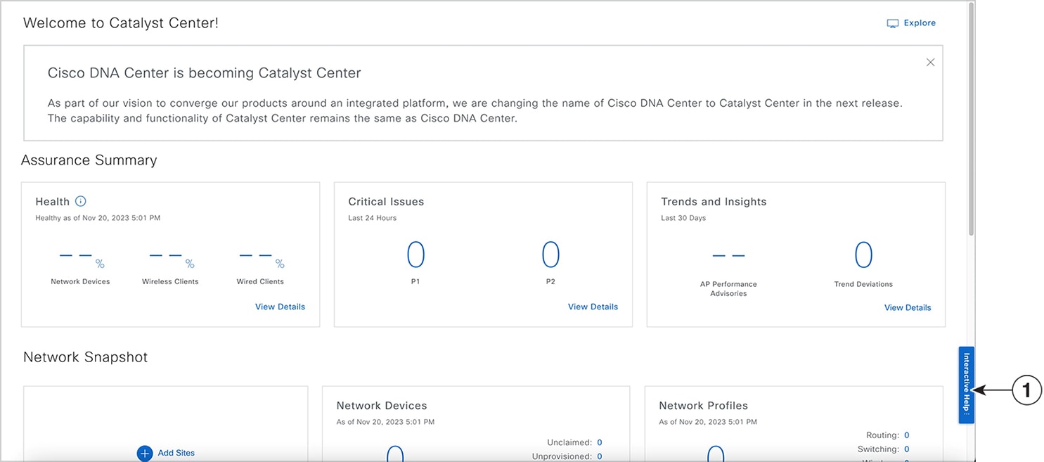 Figure 2: The Cisco DNA Center homepage has an interactive help bar in the bottom-right.