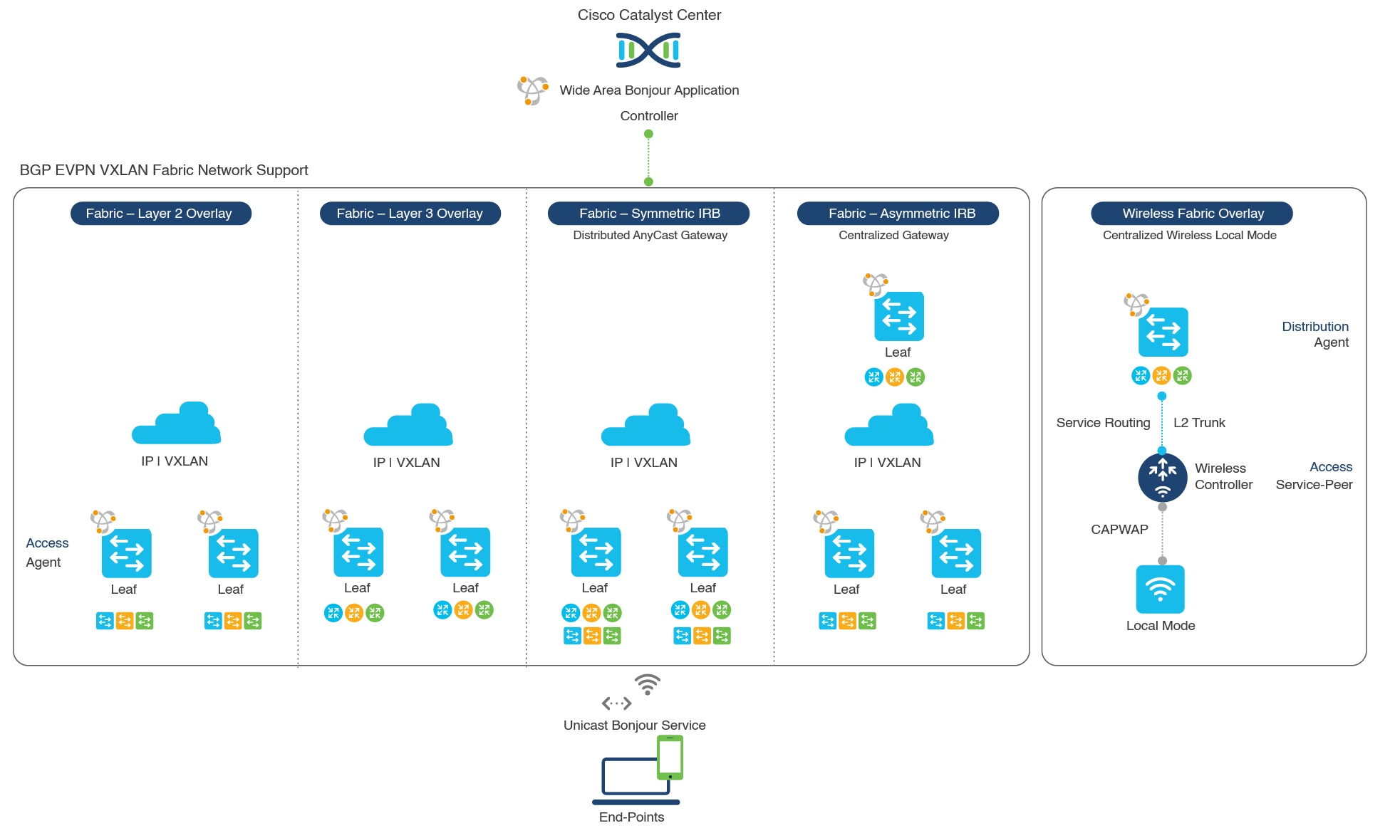 Network diagram with the  BGP EVPN VXLAN reference overlay network design alternatives