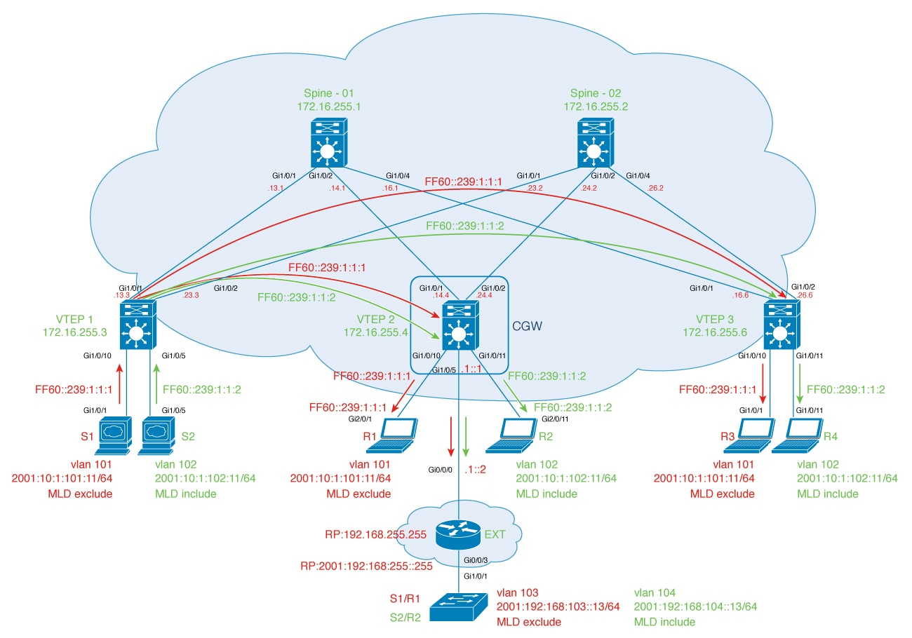 BGP EVPN VXLAN fabric topology for Optimized Layer 2 Multicast IPv6 traffic handoff to external network.
