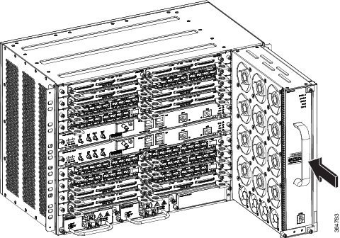 This figure shows how to install the fan tray in to the router.