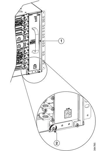 This figure shows how to detach the fan tray from the router by removing the fan tray screw on the bottom left of the fan tray front panel.