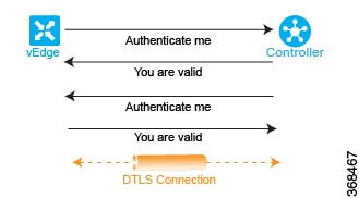 The image illustrates authentication of Cisco vSmart controller and Cisco vEdge router with each other, which is the last step in the automatic authentication process.