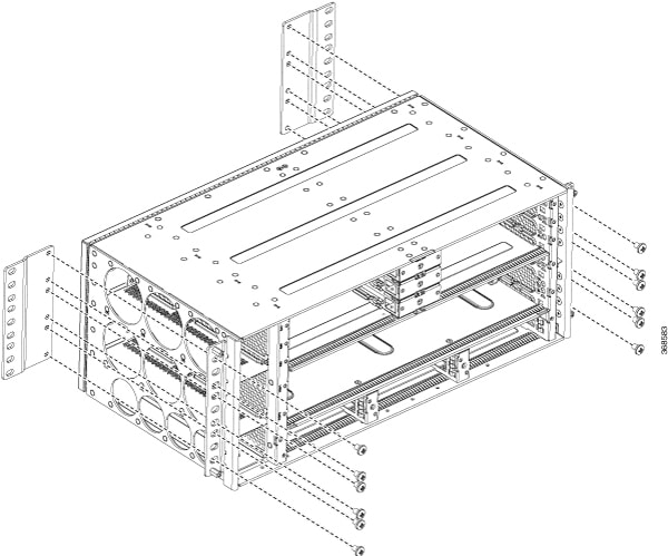 This image shows how to install the mounting brackets on the router to be mounted on the 23" rack.