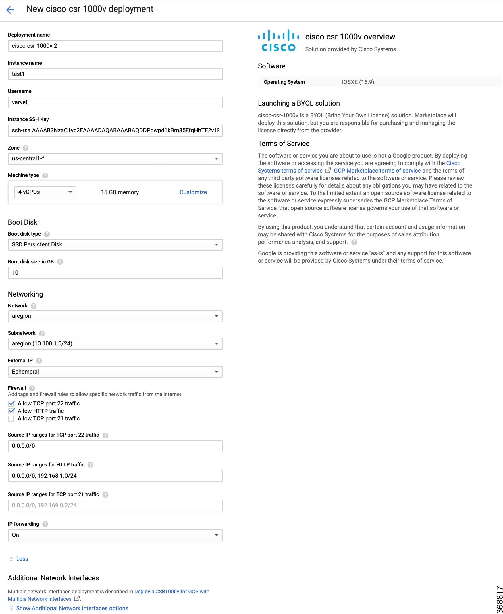 New CSR 1000v Deployment Screen - GCP