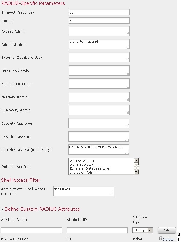 Screenshot of role configuration and custom attribute definition in a sample RADIUS login authentication object.