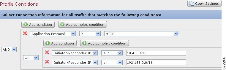 Screenshot of a traffic profile which collects connection data for HTTP activity in the 10.4.x.x network or the 192.168.x.x network