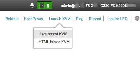 Cisco INtegrated Management Controller CHassis summary window, showing dropdown with Java based KVM and HTML Based KVM.