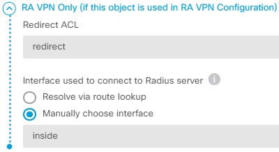 RADIUS 서버 개체의 RA VPN 속성입니다.