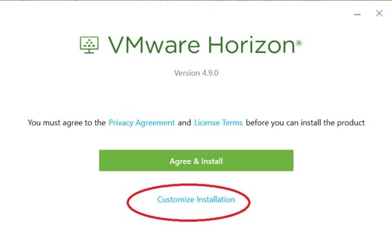 VMware installation page with the option to customize the installation.