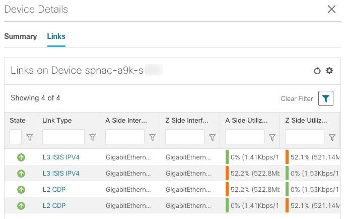 Device Details window, Links tab