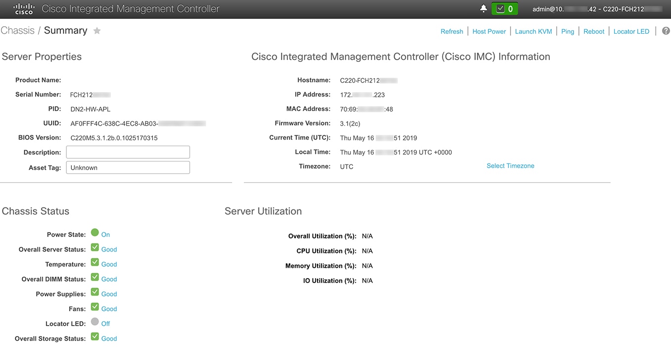 [Cisco Integrated Management Controller Chassis Summary] ウィンドウ。
