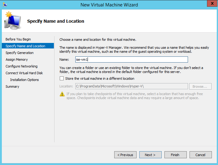 Specify name and location for the virtual machine.
