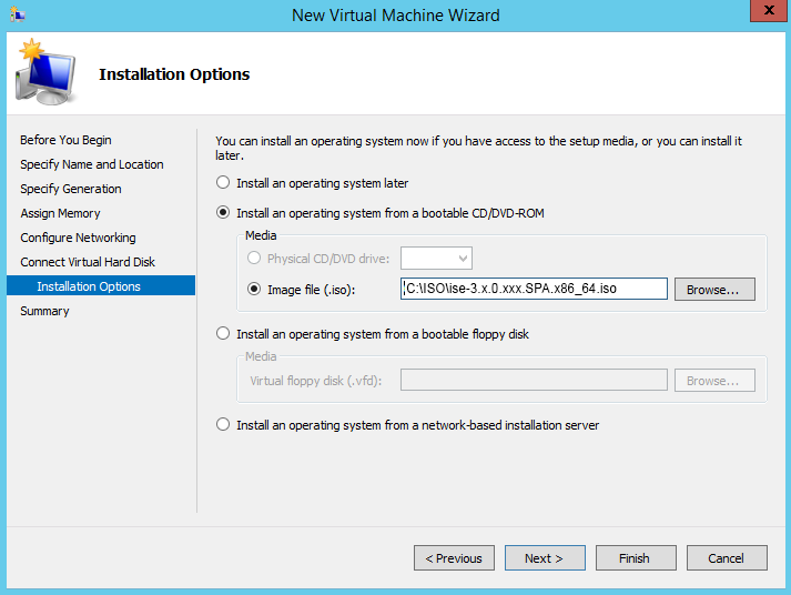 Installation options for the virtual machine.