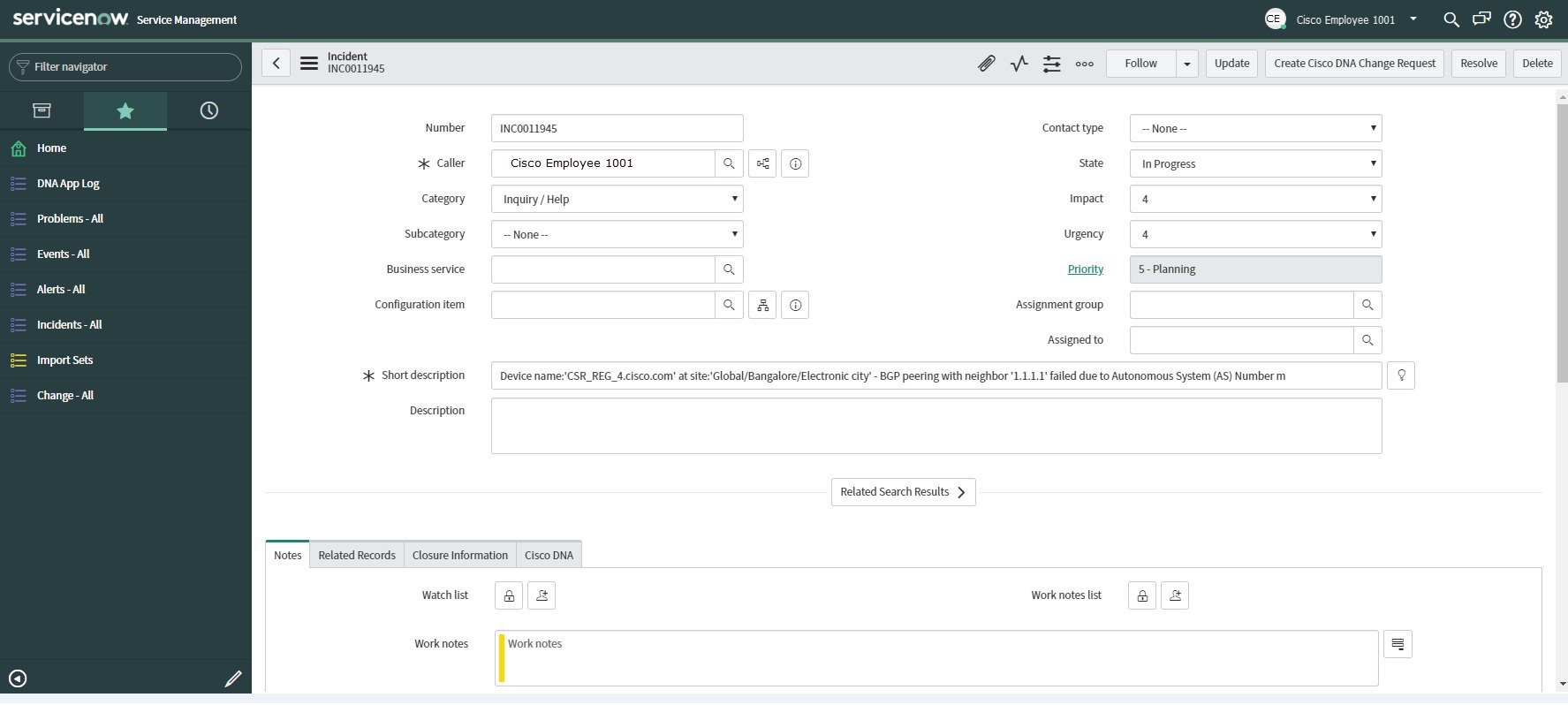 Figure 40: Displays Servicenow incident.