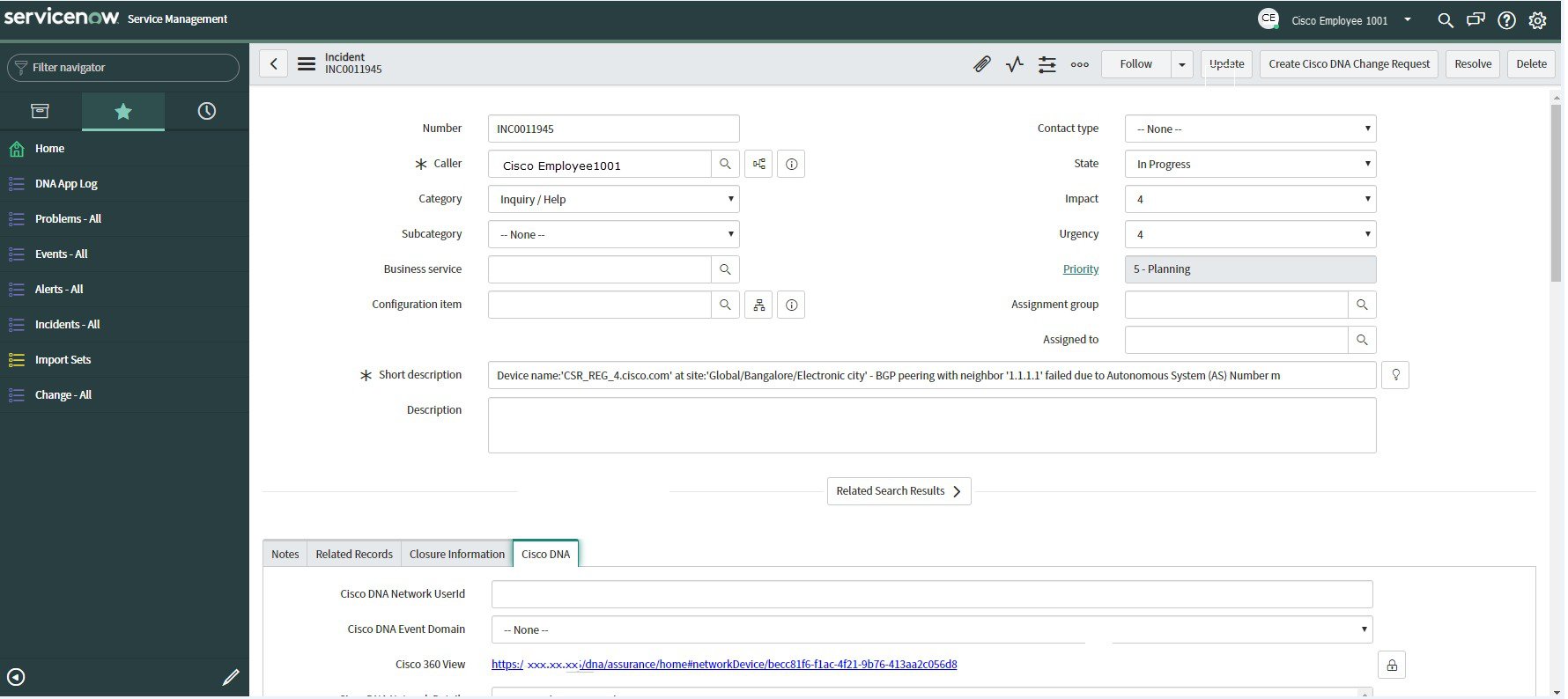 Figure 30: Cisco DNA tab under change request