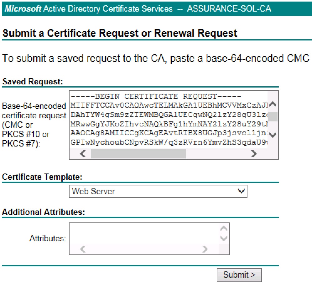 Window displays certificate signing request in MS CA.