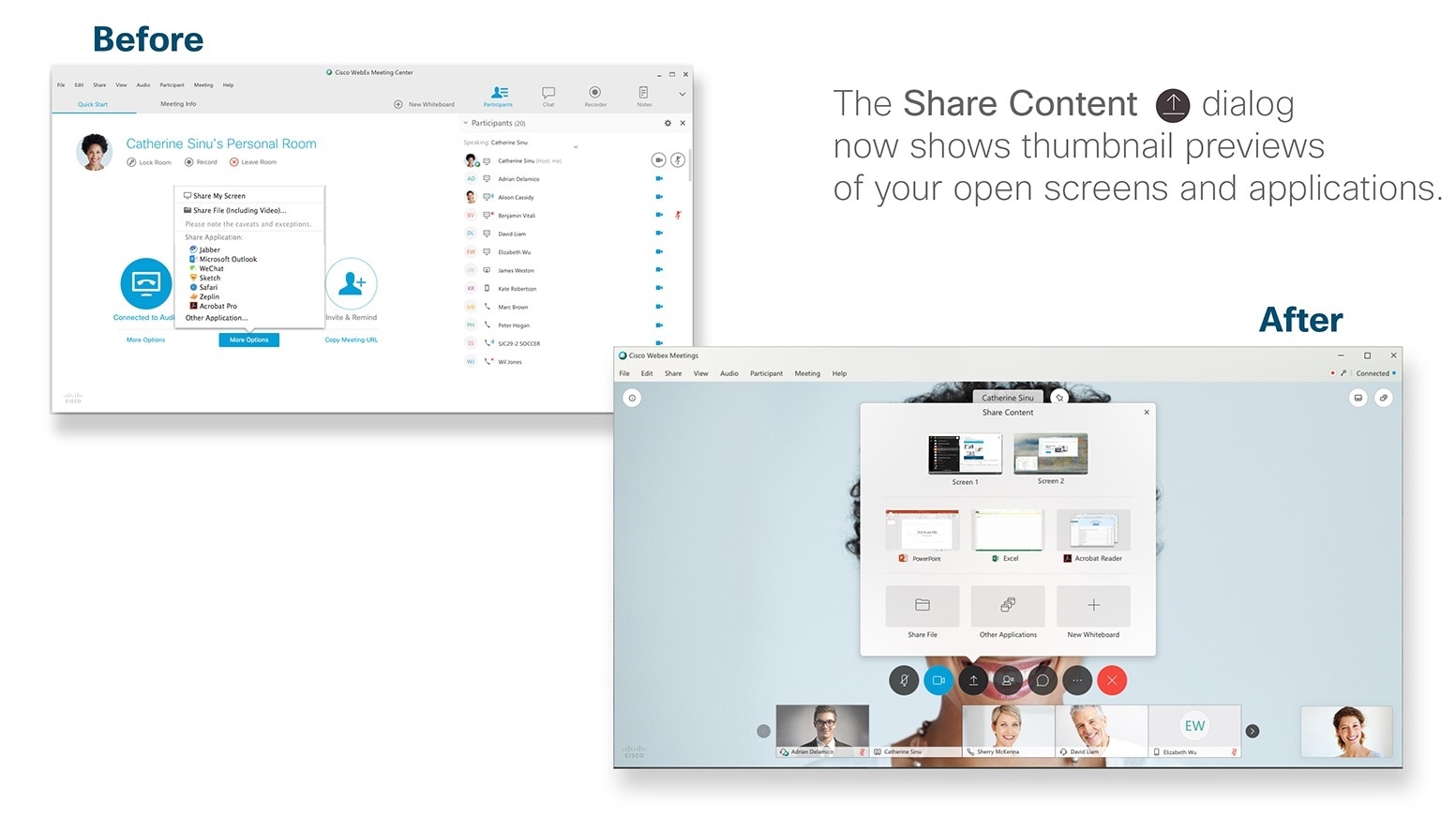 Before and after comparison of the Share Content dialog.