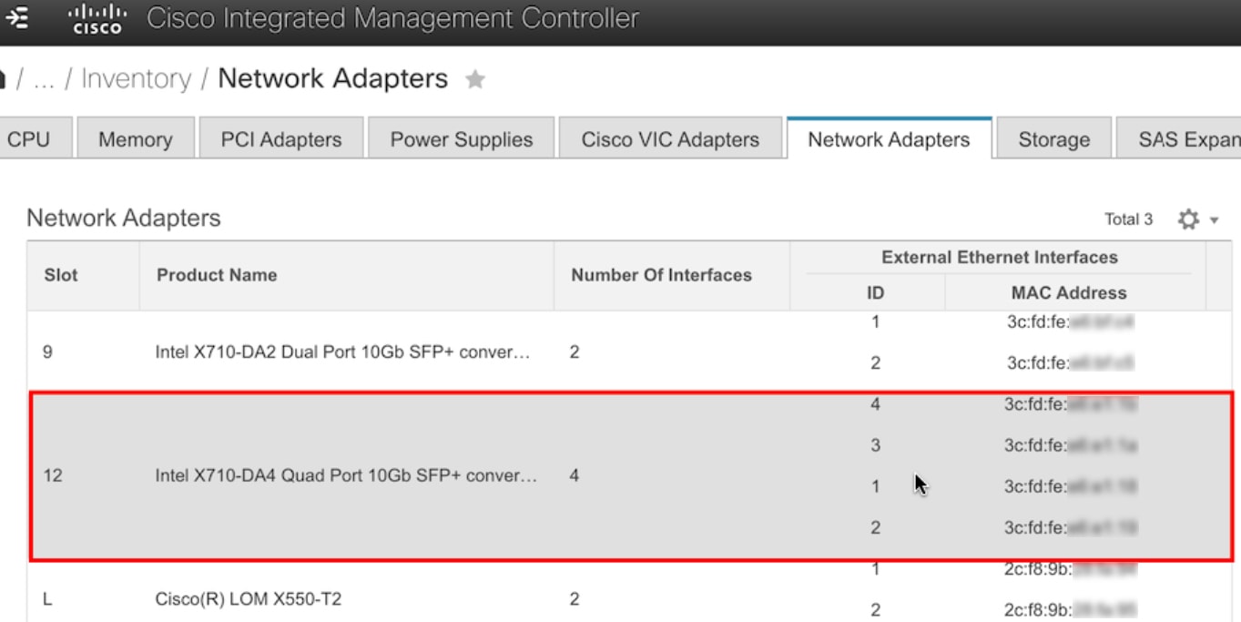 Cisco Integrated Management Controller - [Network Adapters] テーブル