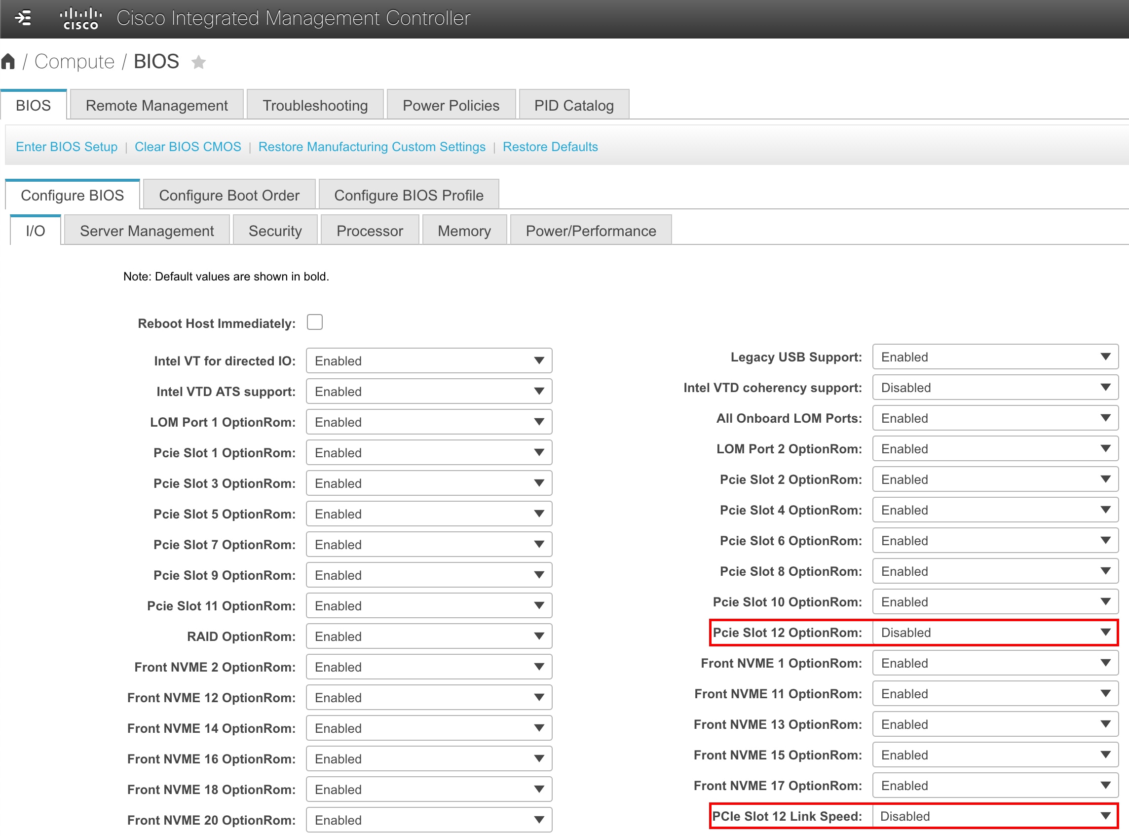 Cisco Integrated Management Controller - Configure BIOS > I/O Tab