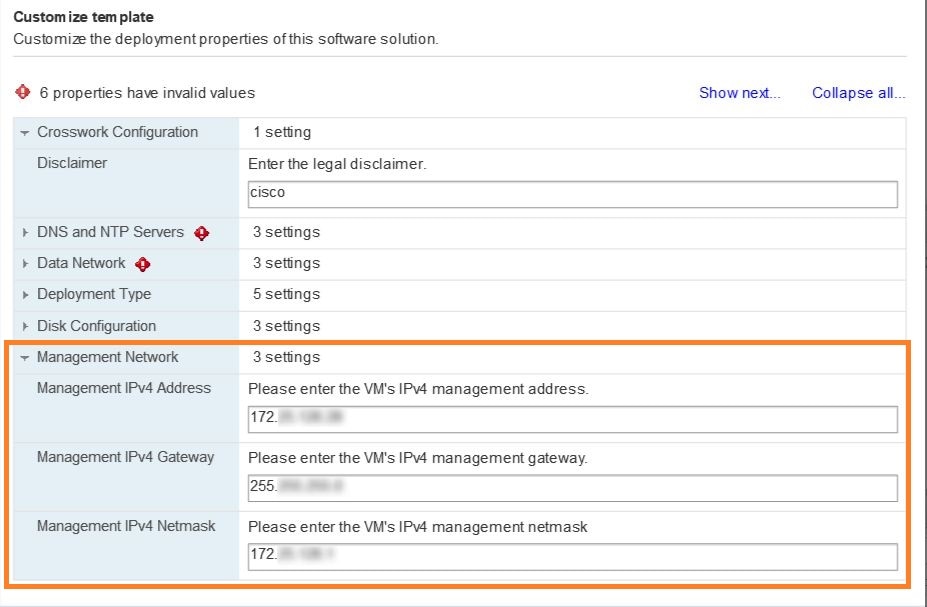Management Network settings for IPv4 configuration