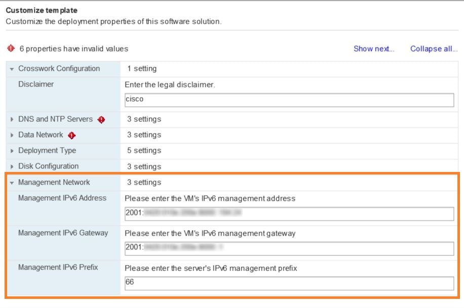 Management Network settings for IPv6 configuration