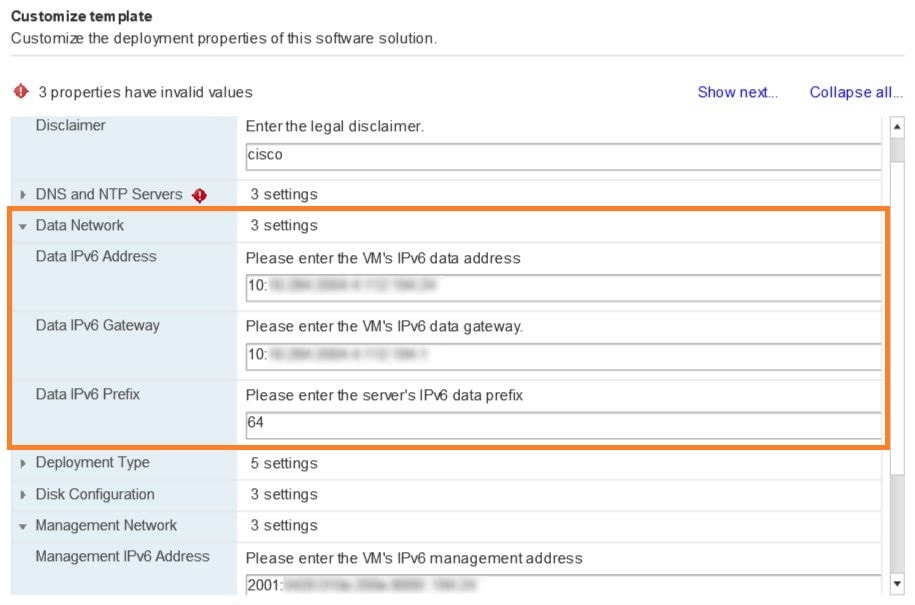 Data Network settings for IPv6 configuration
