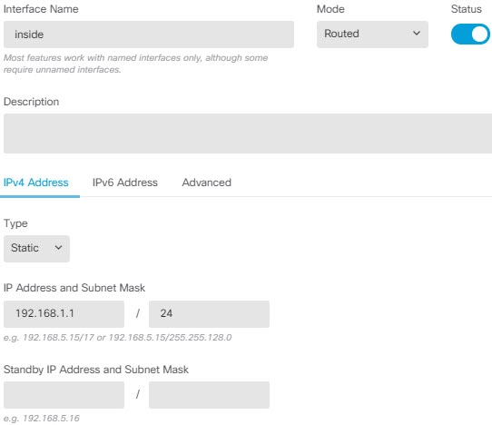 Properties for the inside interface.