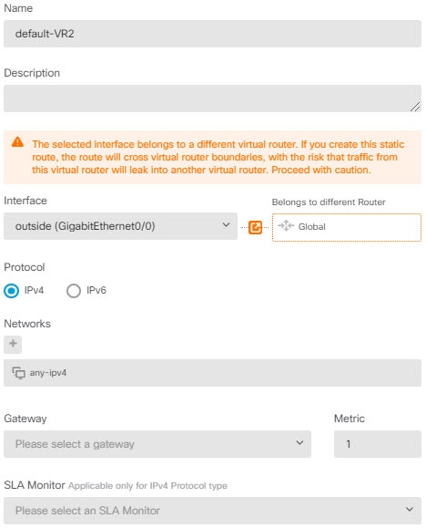 Static route leak from VR2 to the Global virtual router.